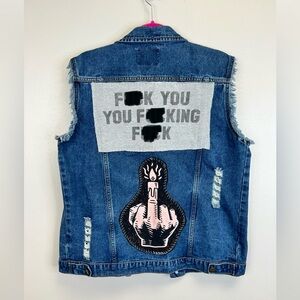 Custom Upcycled Blue Denim Vest Size M Graphic Patches Punk Rock Skater Funny